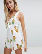 Honey Punch Romper With Tie Front In Pineapple Print - White