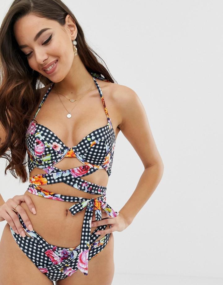 Asos Design Wrap Plunge Bikini Top In Textured Floral Gingham Print-multi