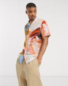 Asos Design Regular Fit Shirt With Revere Collar In Watercolor Face Print-red