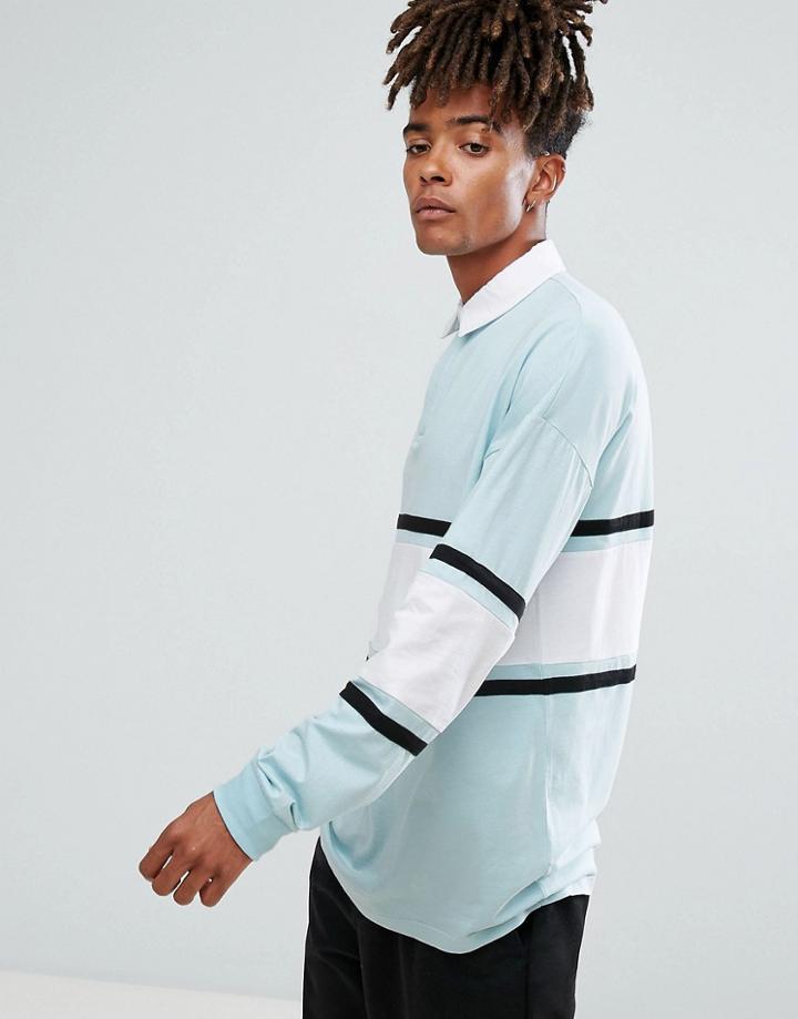 Asos Oversized Long Sleeve Rugby Polo Shirt With Contrast Panelling In Blue - Blue
