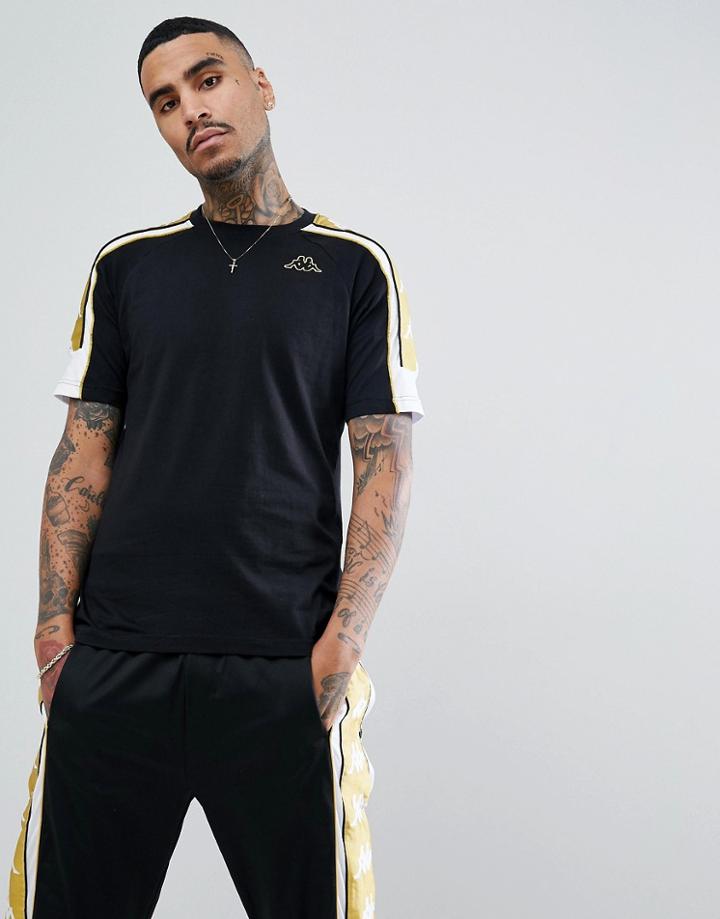 Kappa T-shirt With Large Logo Taping In Black & Gold - Black