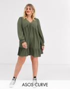 Asos Design Curve V Neck Mini Smock Dress With Pep Hem-green