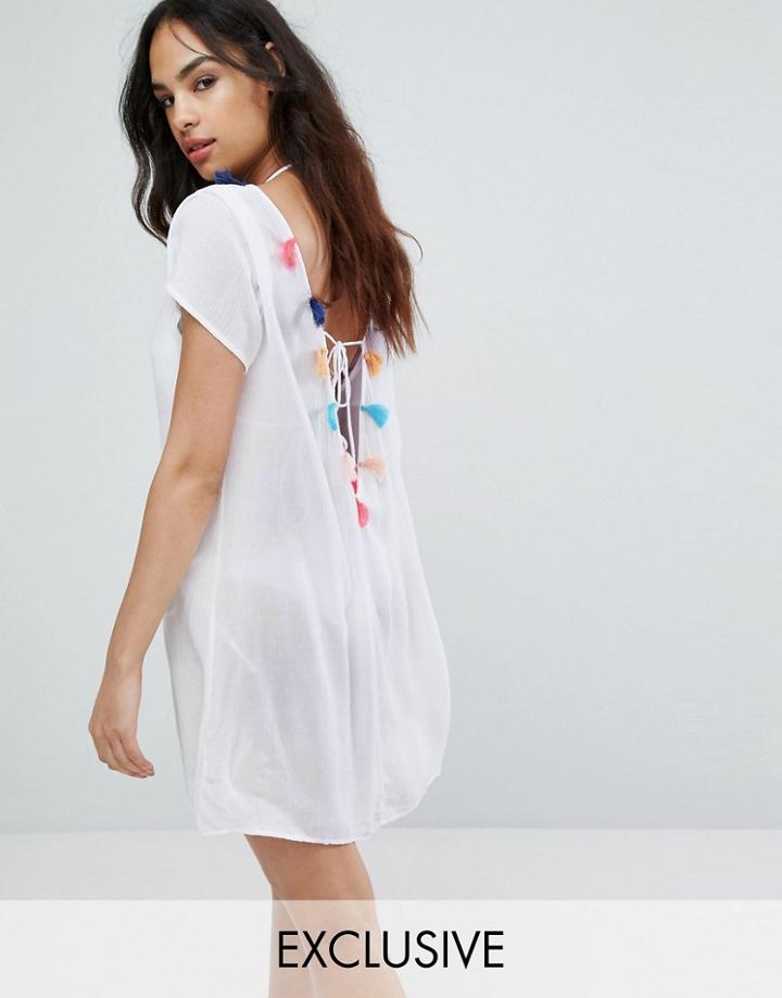 South Beach Tassel V Back Beach Tunic - White