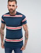 Pull & Bear T-shirt With Panel Stripes In Blue - Blue
