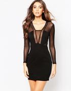 Naanaa Long Sleeve Mesh Mini Body-conscious Dress With Plunge Front - Black