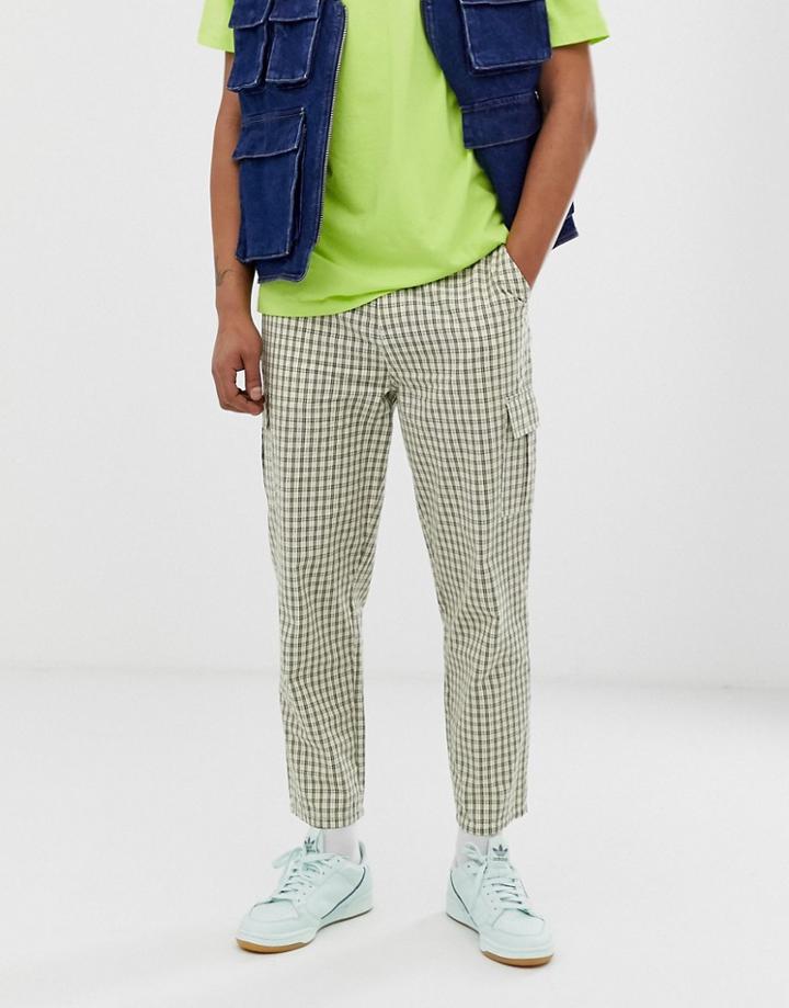 Asos Design Relaxed Cargo Pants In Seersucker Check - Green