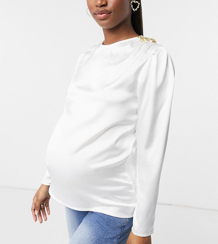 Blume Maternity Satin Blouse With Gold Buttons In Ivory-white