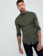 Asos Design Skinny Viscose Shirt In Khaki - Green