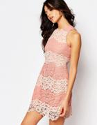 Foxiedox Mona Contrast Lace Mini Dress With Lace Up Back Detail - Baby Pink