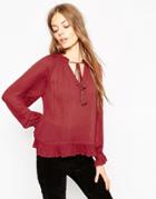 Asos Ultimate Blouse With Frill Collar And Frill Hem - Burgundy