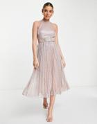 Style Cheat Metallic Belted Pleat Midi Dress In Rose Gold
