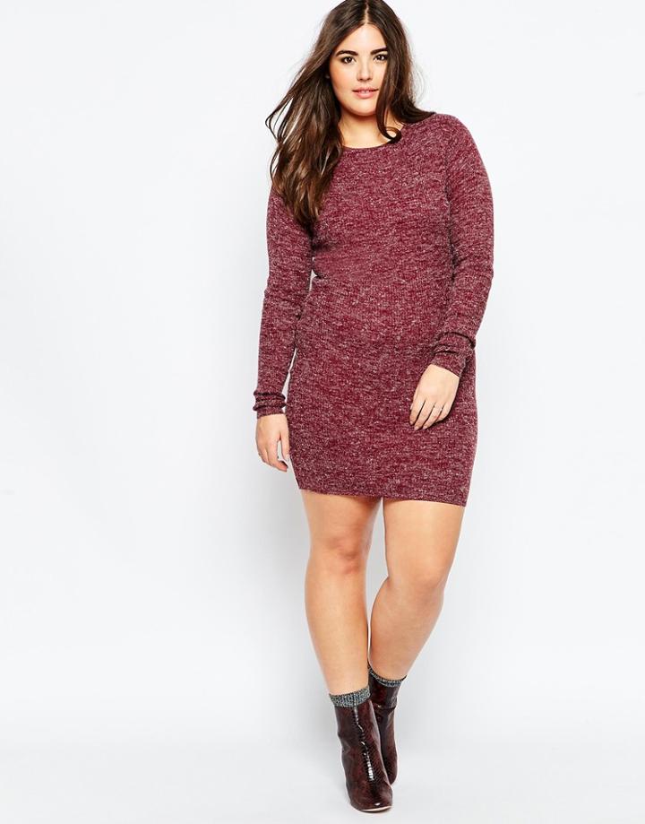 Brave Soul Plus Long Sleeve Ribbed Sweater Dress - Burgundy
