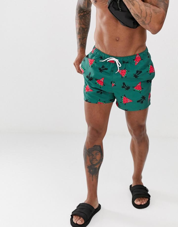 Asos Design Swim Shorts In Watermelon Print In Short Length - Blue