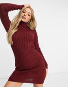 Brave Soul Amanda Roll Neck Sweater Dress In Rib In Berry-red