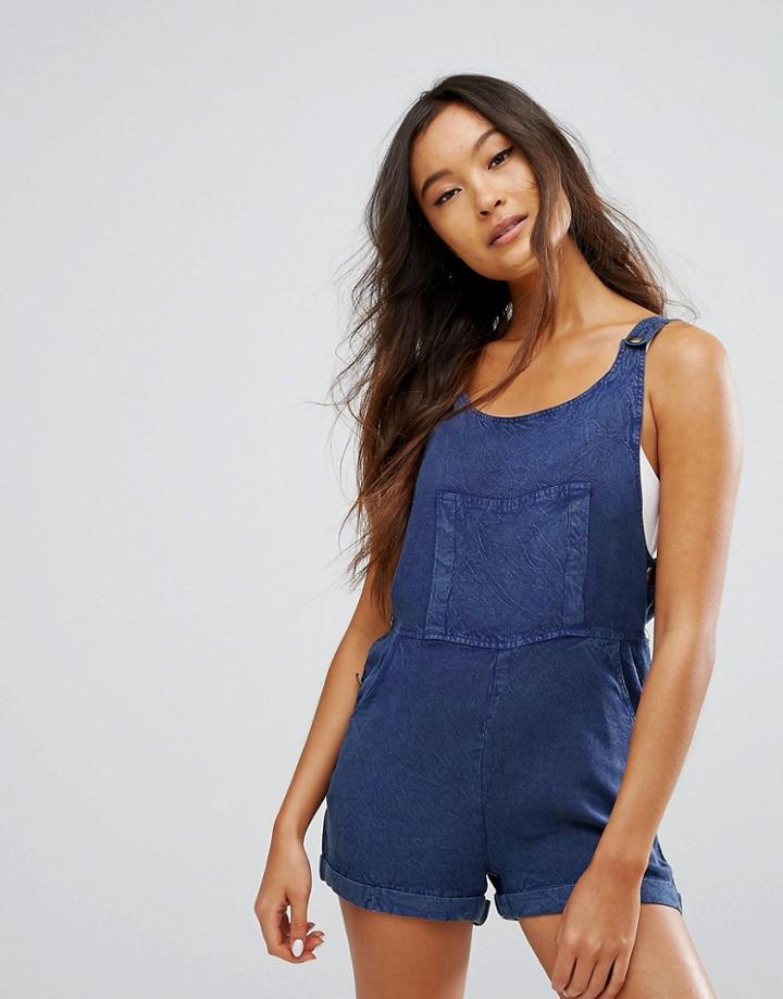 Qed London Denim Overall Shorts - Blue