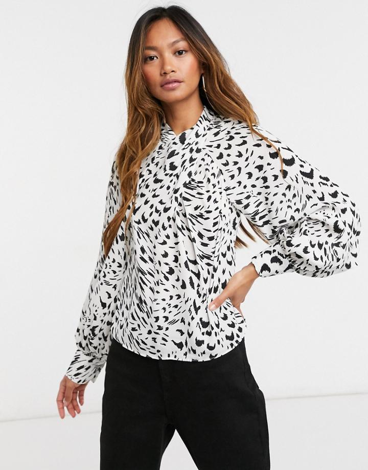 Asos Design Long Sleeve Twist Neck Top In Mono Animal Print-multi