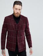 Asos Slim Double Breasted Blazer In Moons Wool Rich Burgundy Check - Red