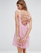Asos Sleeveless Smock Sundress With Lace Up Back - Pink