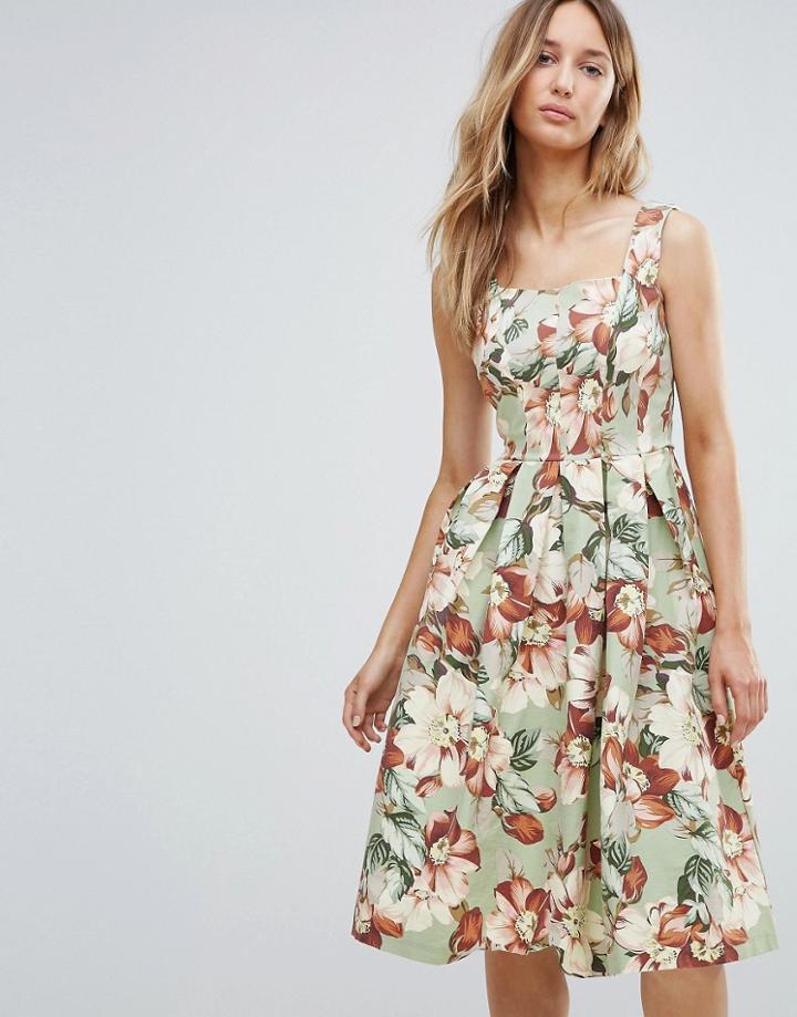 Vesper Vintage Floral Midi Skater Dress - Green