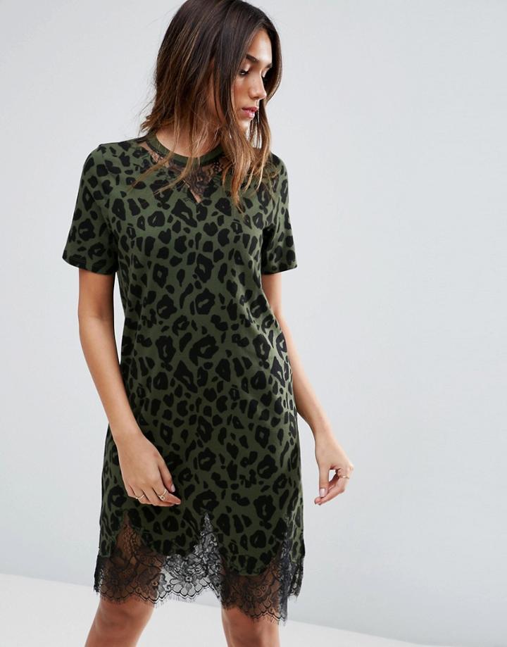 Asos T-shirt Dress With Lace Inserts In Leopard Print - Green