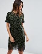 Asos T-shirt Dress With Lace Inserts In Leopard Print - Green