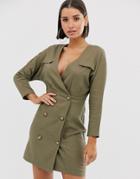 Asos Design Button Through Wrap Mini Dress-green