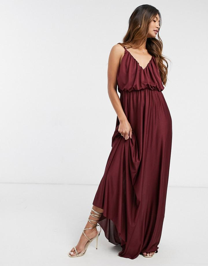 Asos Design Plunge-neck Maxi Dress With Blouson Top In Oxblood-red