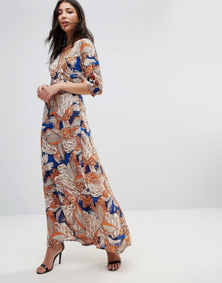 Traffic People Leaf Print 3/4 Sleeve Midi Dress - Multi