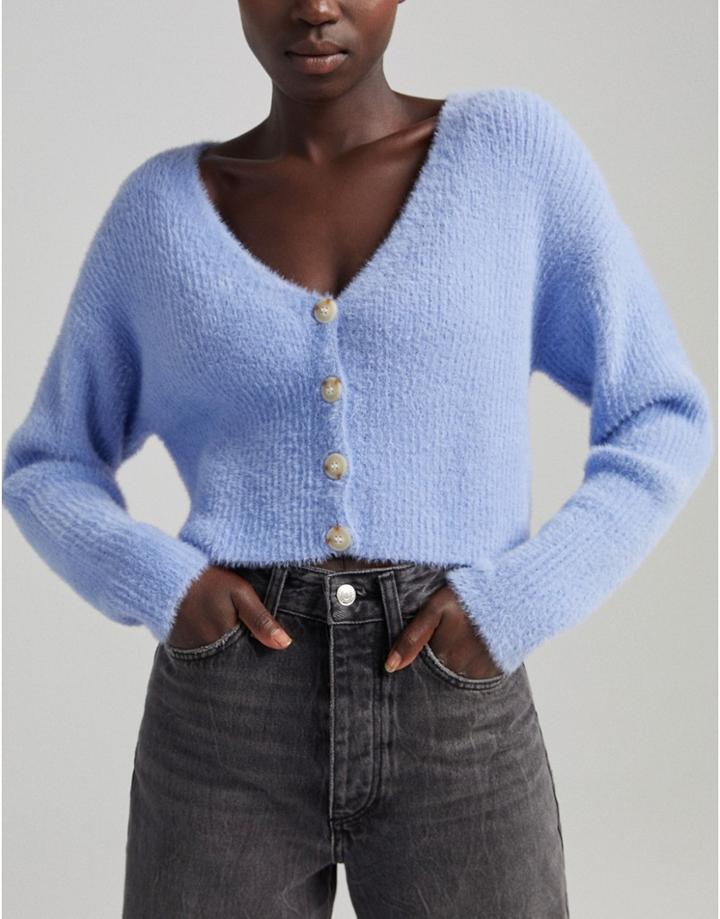 Bershka Fluffy Cardigan In Blue-blues