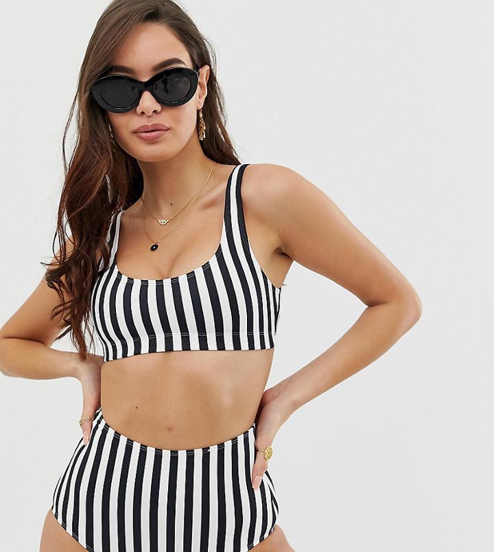 Monki Mono Stripe Scoop Neck Bikini Top - Black