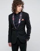 Asos Super Skinny Tuxedo Suit Jacket In Black With Floral Print Lapel - Black