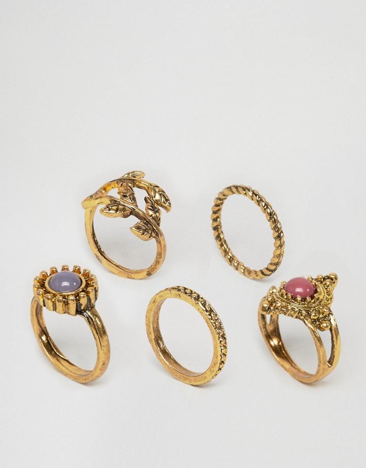 Ashiana Multi Pack Of Rings With Leaf And Stone Detal - Gold
