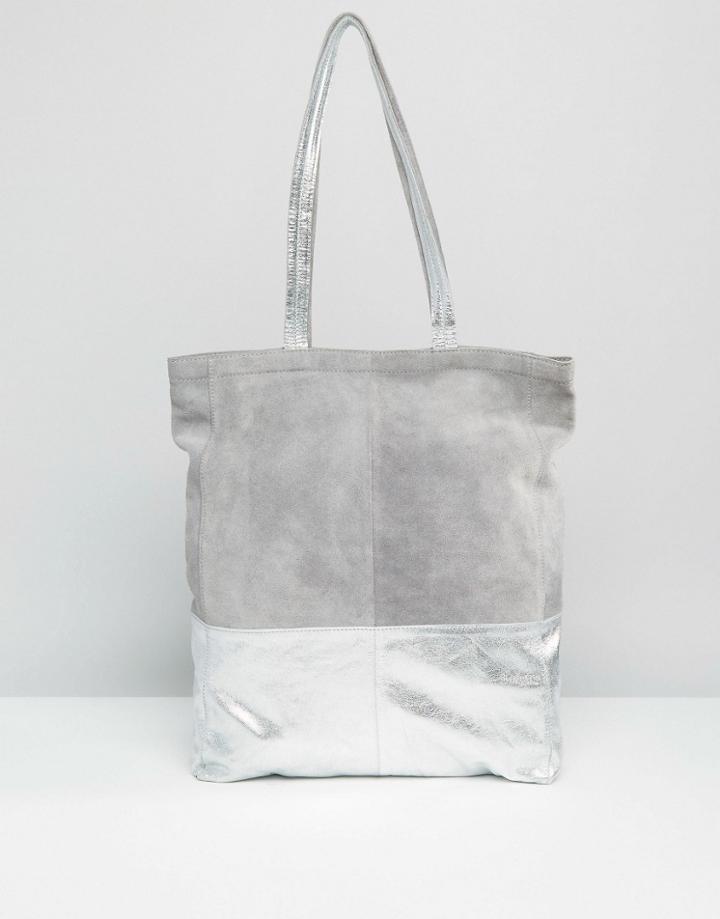 Asos Leather And Suede Metallic Panel Shopper Bag - Gray