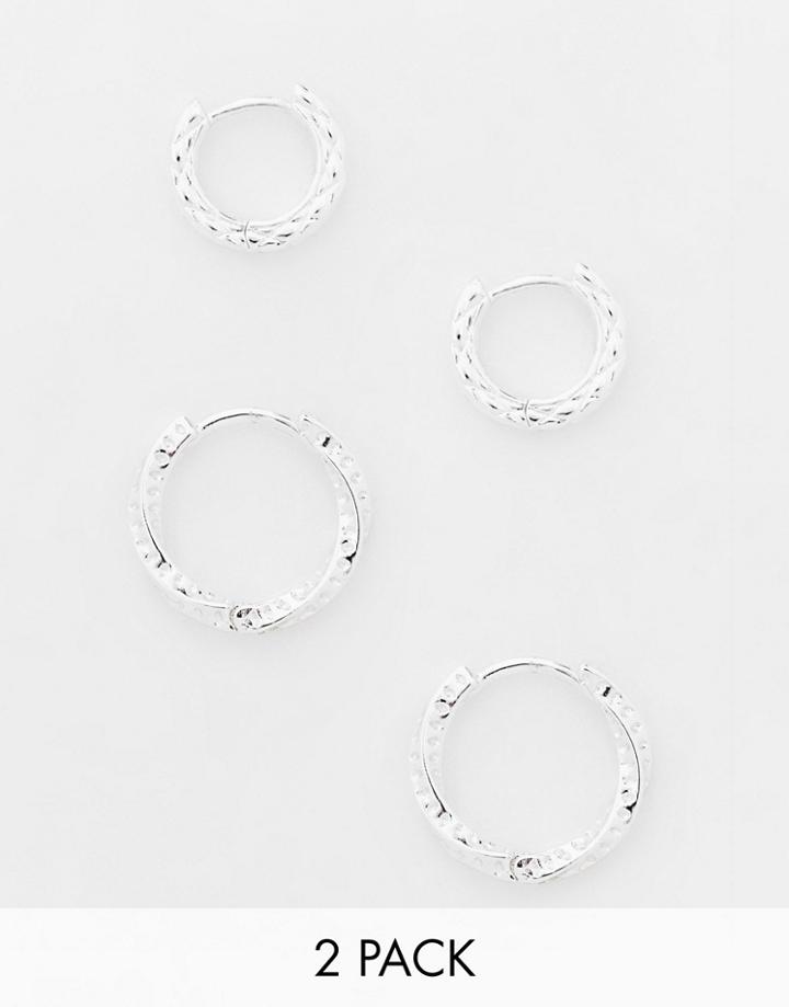Asos Design 2 Pack Textured Hoop Earrings In Real Silver Plate