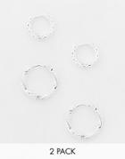Asos Design 2 Pack Textured Hoop Earrings In Real Silver Plate