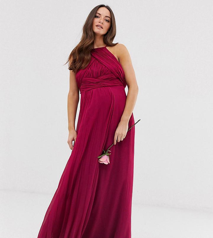 Asos Design Maternity Bridesmaid Pinny Maxi Dress With Ruched Bodice-red