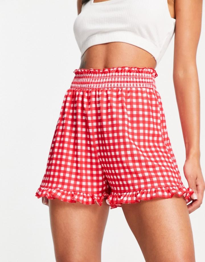 Asos Design Flippy Short In Gingham With Ruffle Hem In Red-multi