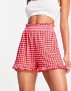 Asos Design Flippy Short In Gingham With Ruffle Hem In Red-multi