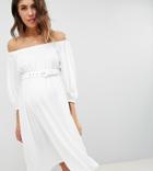 Asos Design Maternity Bardot Midi Dress With Belt-white