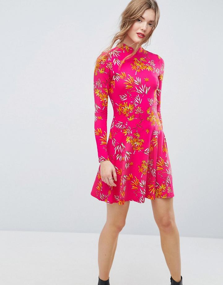 Asos Mini Tea Dress With High Neck In Pink Bamboo Print-multi