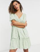 Asos Design Broderie V-neck Smock Dress With Puff Sleeves In Sage Green