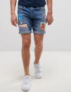 Asos Denim Shorts In Slim With Badges Mid Wash - Blue