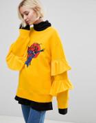 Stylenanda Oversized Sweatshirt With Varsity Print & Frill Sleeves - Yellow