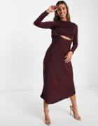 Asos Design Satin Midi Dress With Cowl Back And Tie In Wine-red
