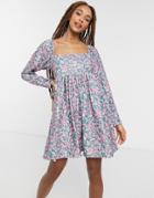 Asos Design Cord Mini Dress With Square Neck In Ditsy Floral-black