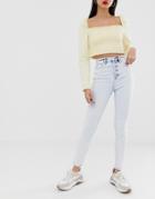 Stradivarius Super High Waist Button Jeans In Light Blue - Blue