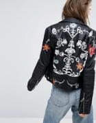 Blank Nyc Leather Look Biker Jacket With Painted Flowers - Black