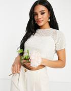 Lace & Beads Bridal Mix & Match Short Sleeve Embellished Top In Ivory-white