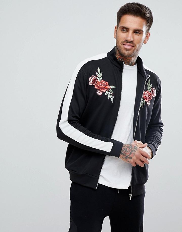 Boohooman Floral Embroidered Jacket With Sleeve Stripe In Black - Black