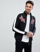 Boohooman Floral Embroidered Jacket With Sleeve Stripe In Black - Black